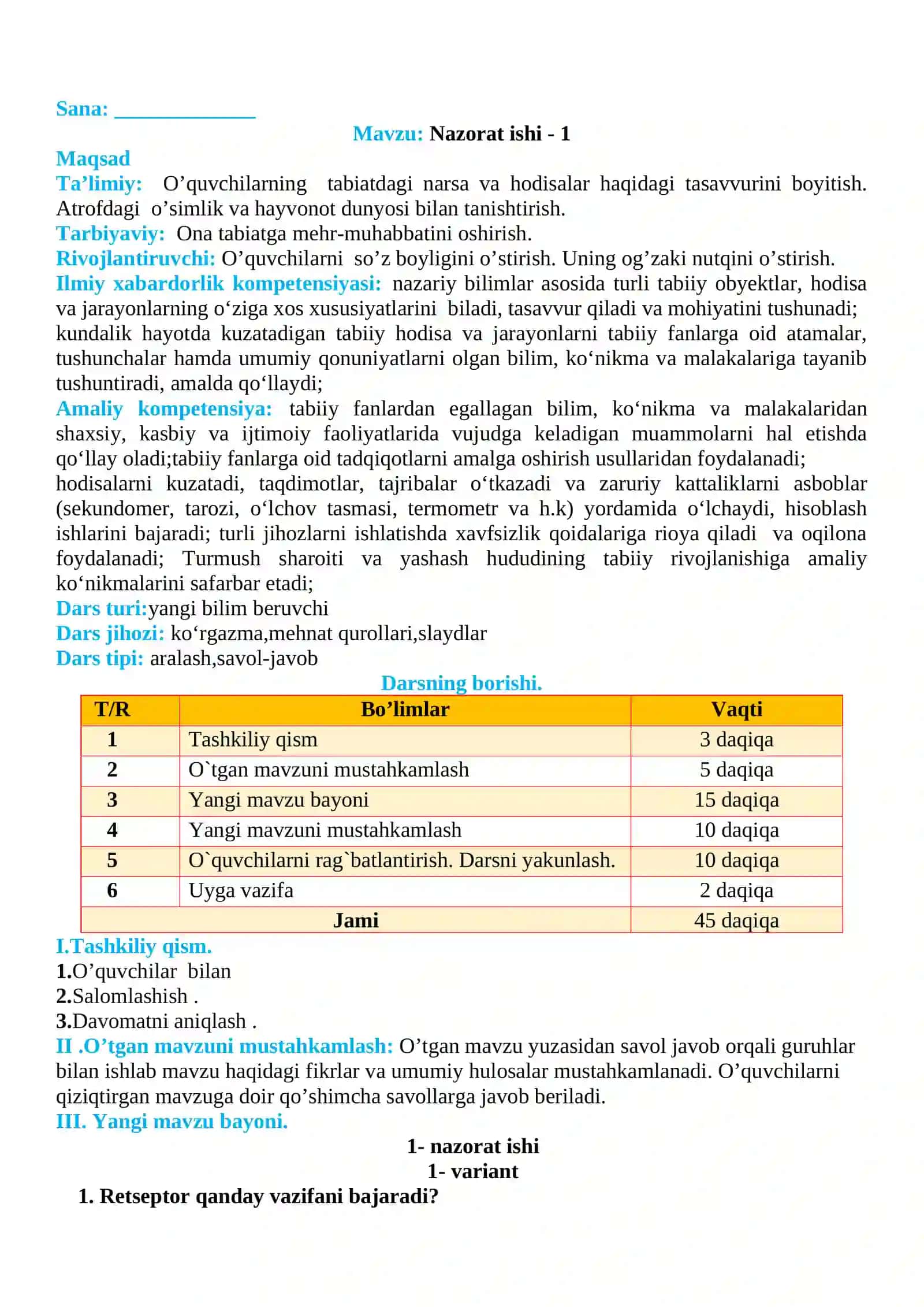 3-sinf Tabiiy fan (Science) 1-Nazorat ishi 2