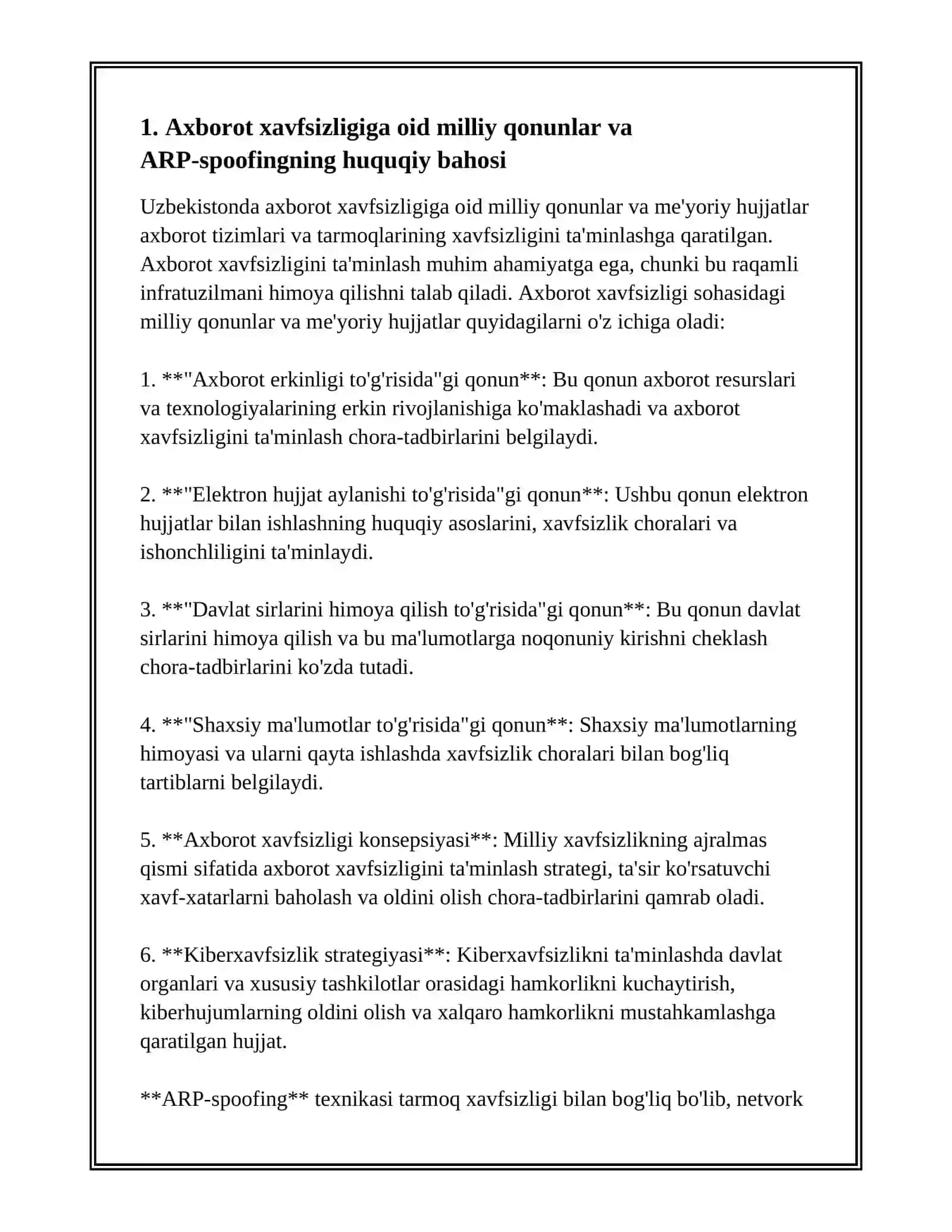 AXBOROT XAVFSIZLIGIGA OID MILLIY, ME'YORIY HUJJATLAR VA ARP-SPOOFING 2
