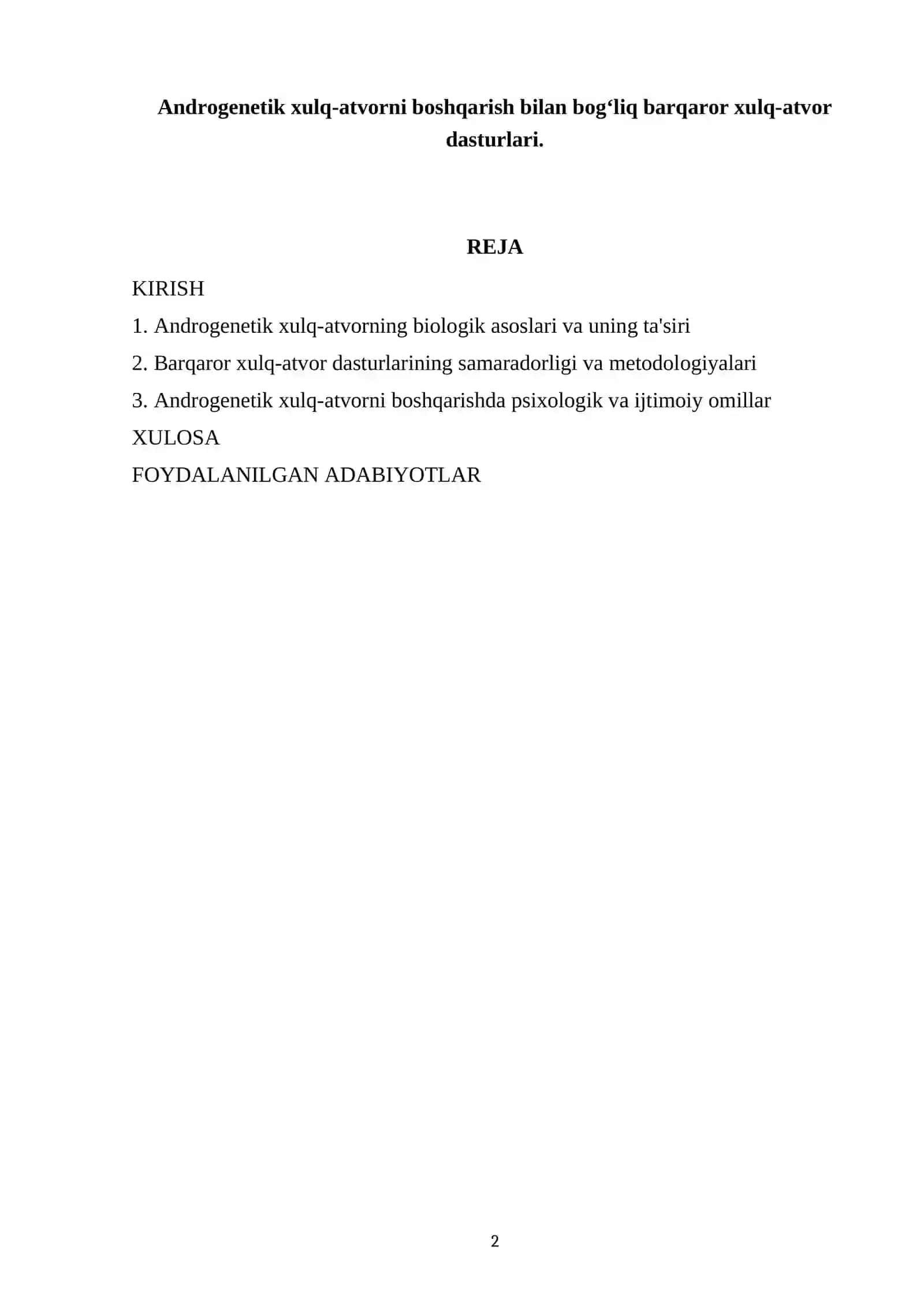 Androgenetik xulq-atvorni boshqarish bilan bogʻliq barqaror xulq-atvor dasturlari 2