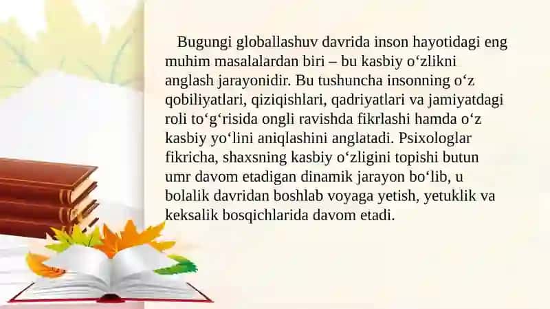 Shaxs shakllanishining turli bosqichlarida kasbiy o'zlikni anglash 2