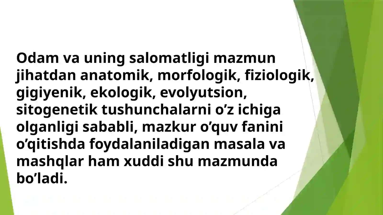 Odam va uning salomatligi oʻqitish metodikasi xususiy masalalari: jumladan Tayanch harakatlanish sistemasi mavzusini oʻrganish metodikasi darslar tizimi 2