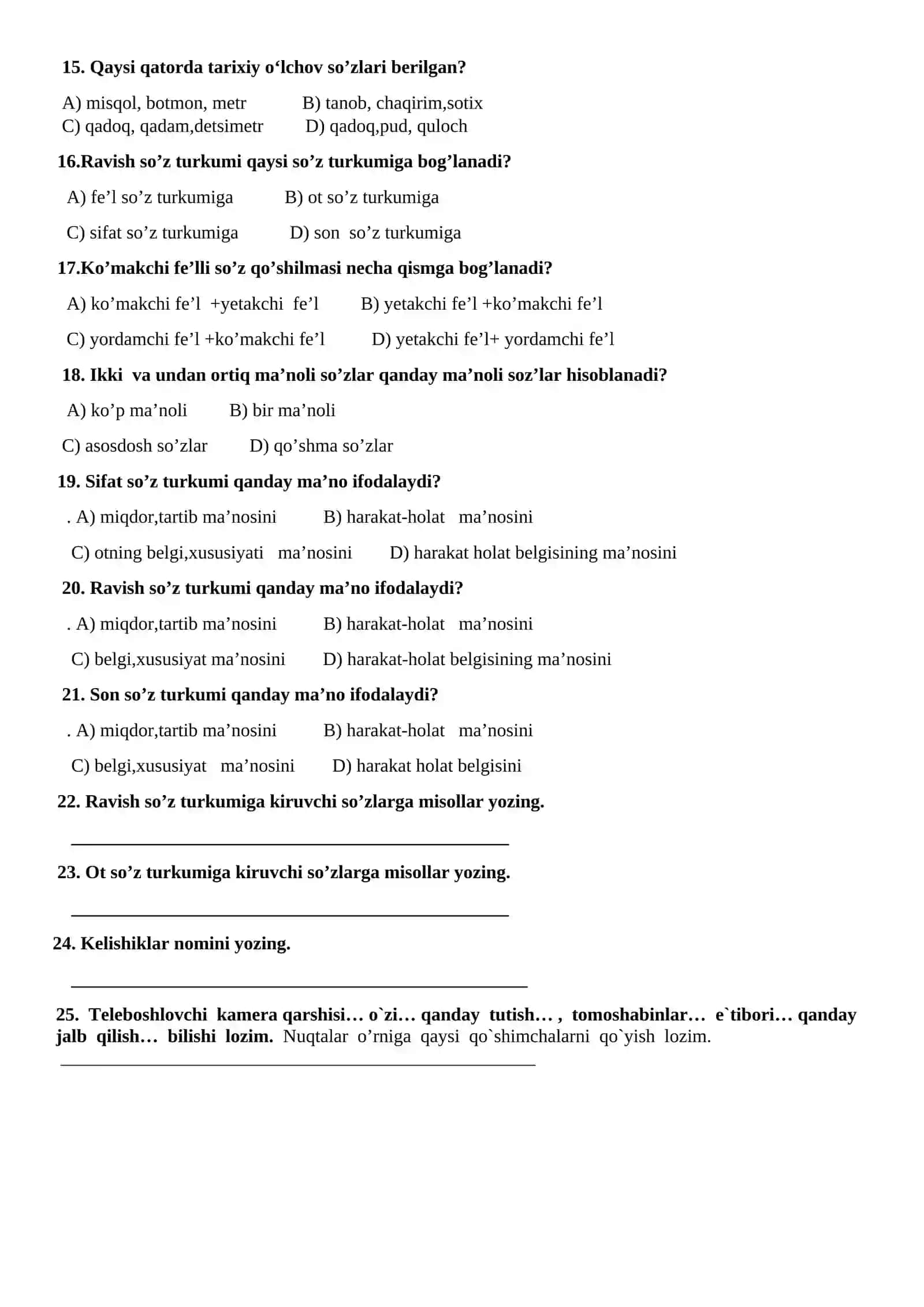 6-sinf uchun ona tili fanidan test savollari 3-chorak 2