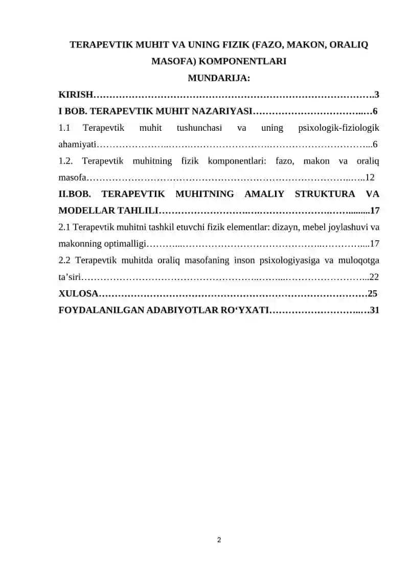 Terapevtik muhit va uning fizik (fazo,makon,oraliq masofa) komponentlari 2