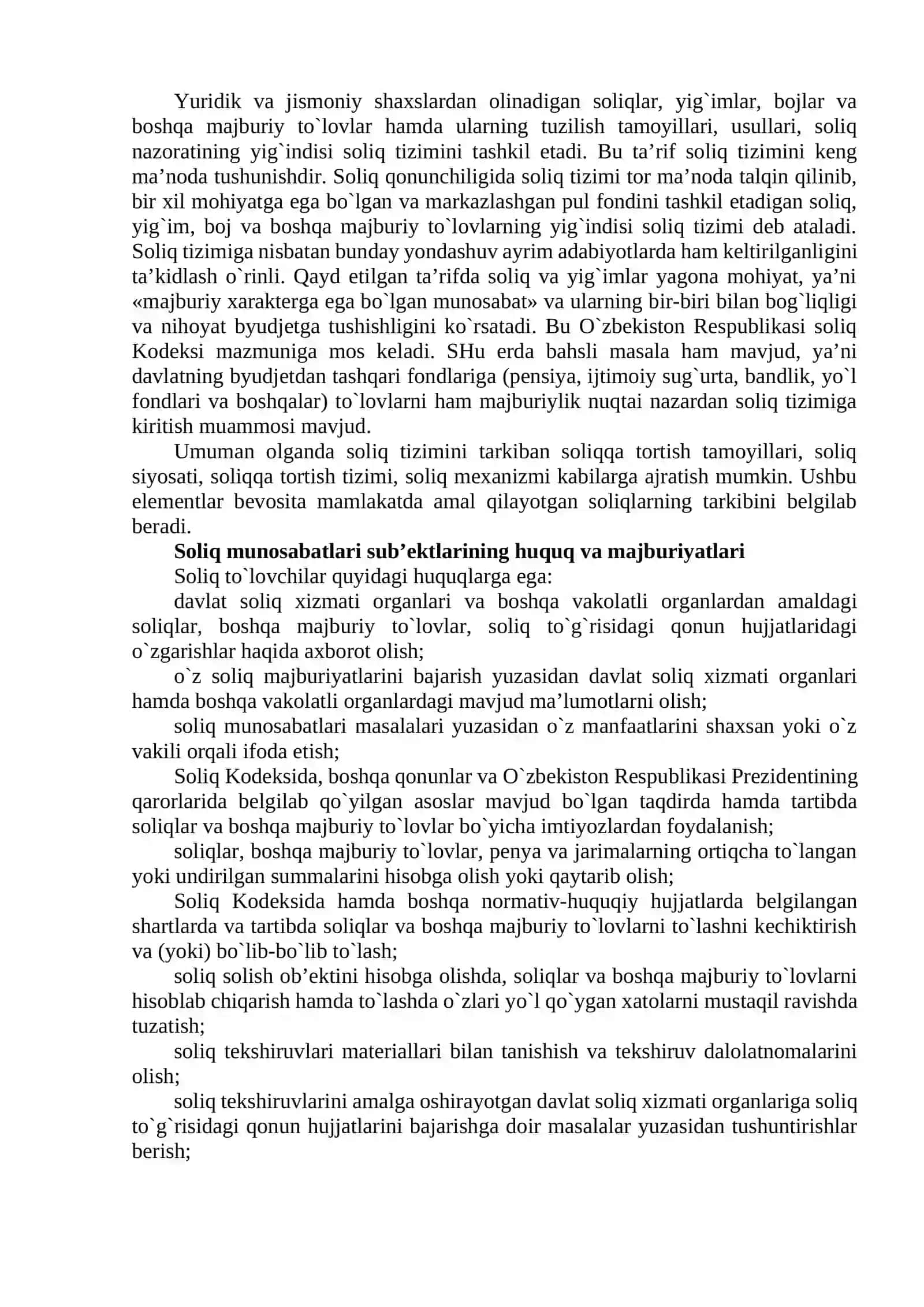 O‘zbekiston Respublikasi Soliq Tizimi va Soliq Munosabatlari Sub’yektlarining Huquqlari hamda Majburiyatlari 2
