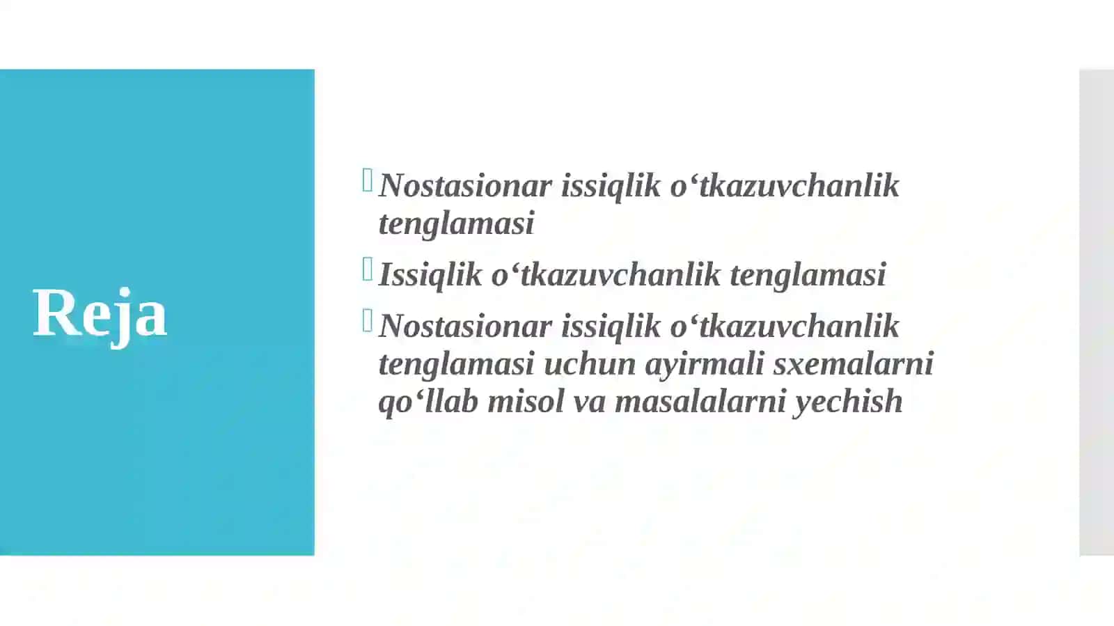 Nostasionar issiqlik o‘tkazuvchanlik tenglamasi uchun ayirmali sxemalarni qo‘llab misol va masalarni yechish 2