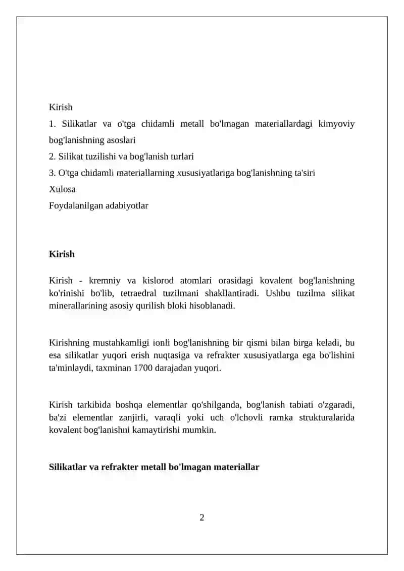 Silikat va qiyin eriydigan nometall materiallarda kimyoviy bog'lar 2