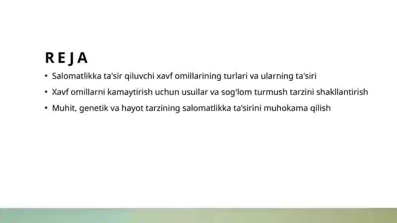 Salomatlikka tasir etuvchi xavf omillar va ularni bartaraf etish yollari 2