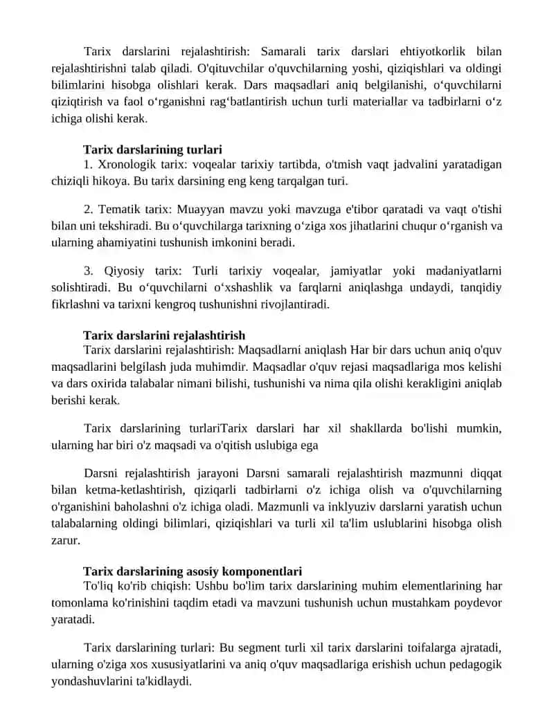 Tarix Darslarini Turlari Va Rejalashtirilishi 2