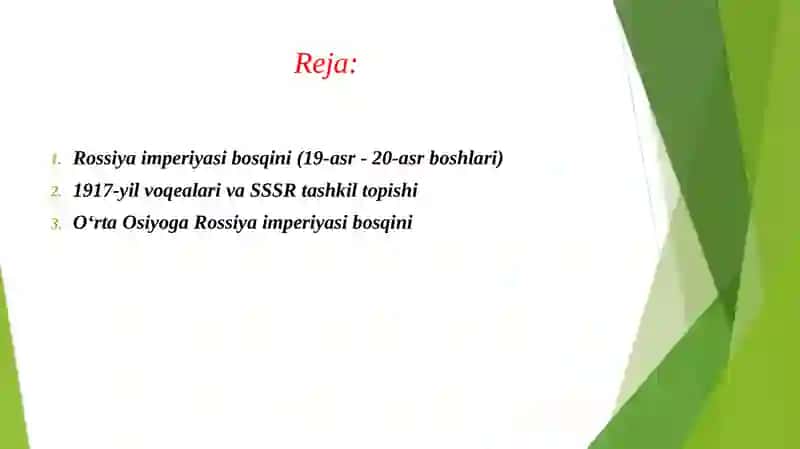 O‘rta osiyoga Rossiya imperiyasi bosqini 1917 yil voqelari SSSR davlatini tashkil topishi lenin stalin brejnev gorbachov siyosati va SSSR parchalanishi 2