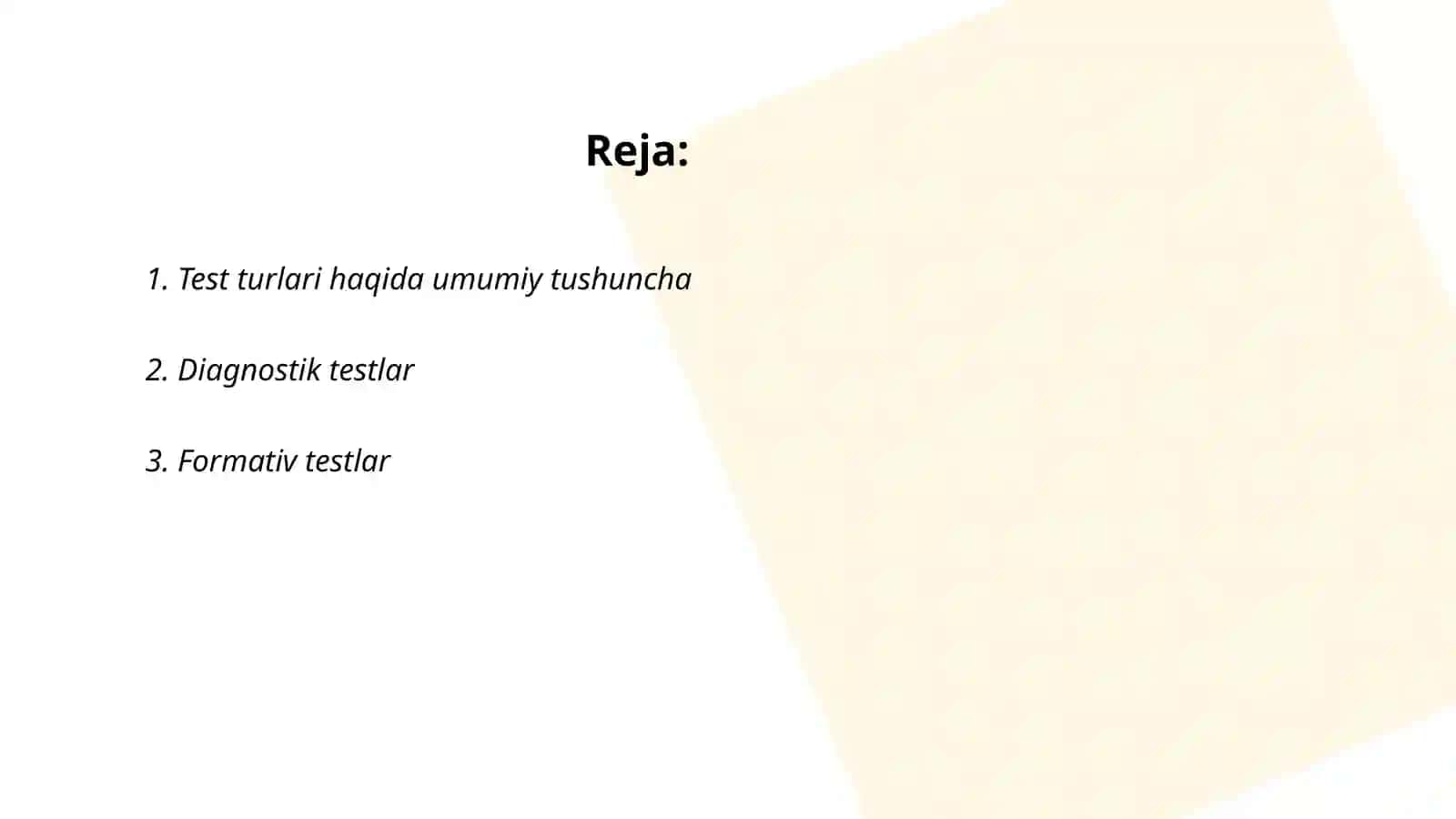 Test, testlarning turlari bòyicha tavsiyalar tayyorlash 2
