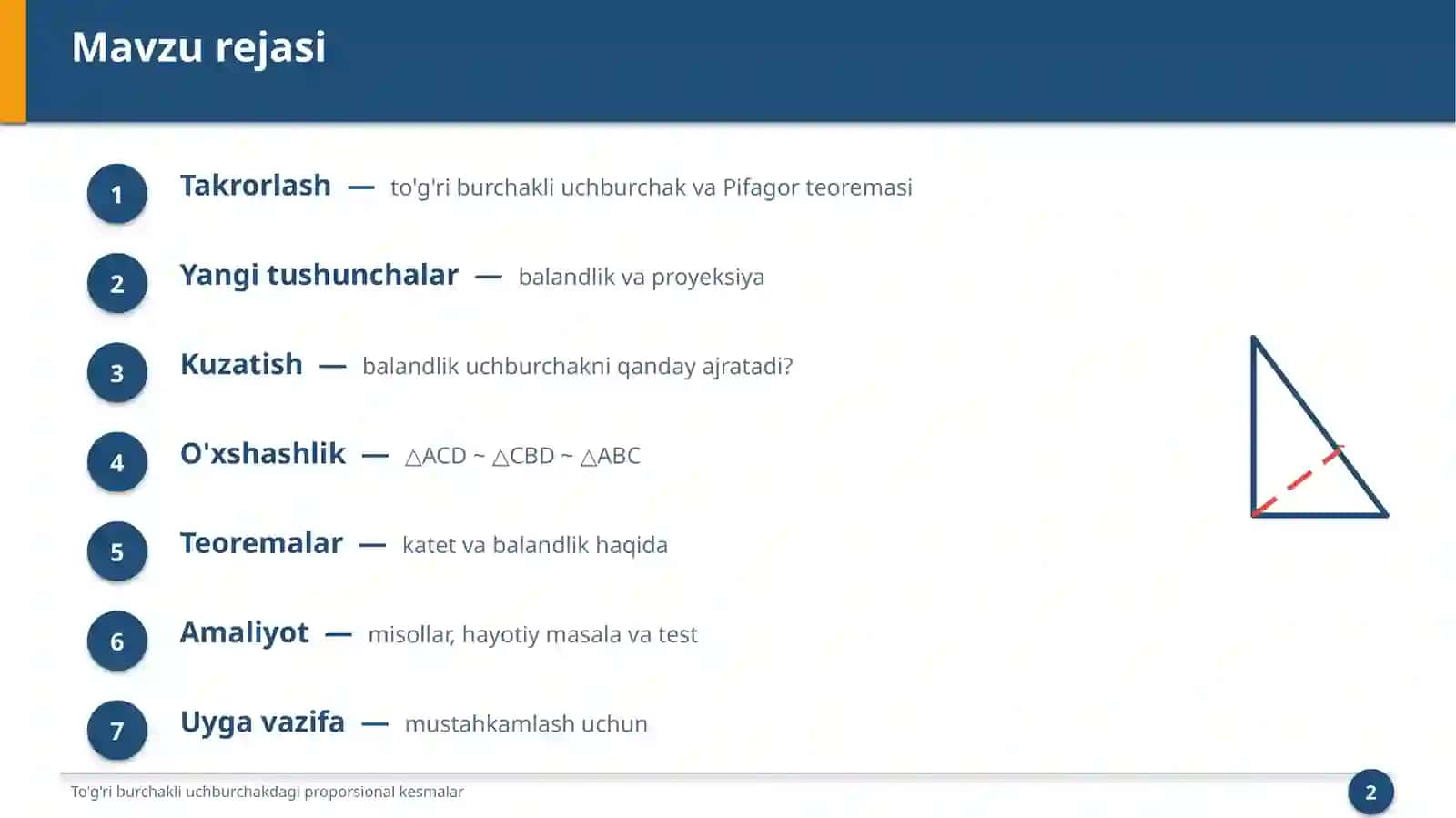 To'g'ri burchakli uchburchakdagi proporsional kesmalar 2