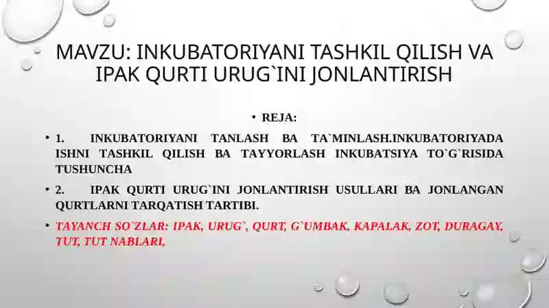 INKUBATORIYANI TASHKIL QILISH VA IPAK QURTI URUG`INI JONLANTIRISH 2