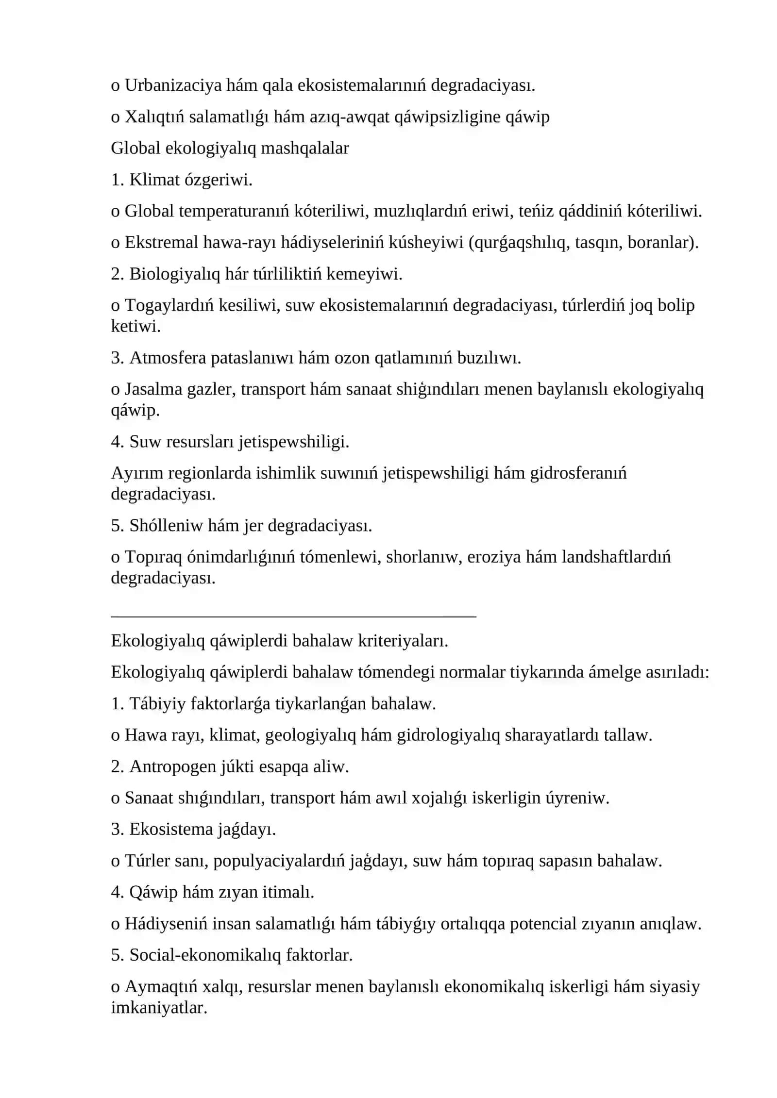 Ekologiyalıq qáwipler hám global mashqalalardı bahalaw 2