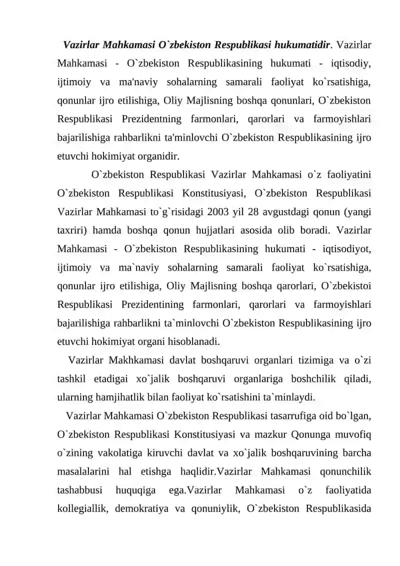 O`zbekiston Respublikasining Vazirlar Mahkamasining konstitutsiyaviy huquqlari 2