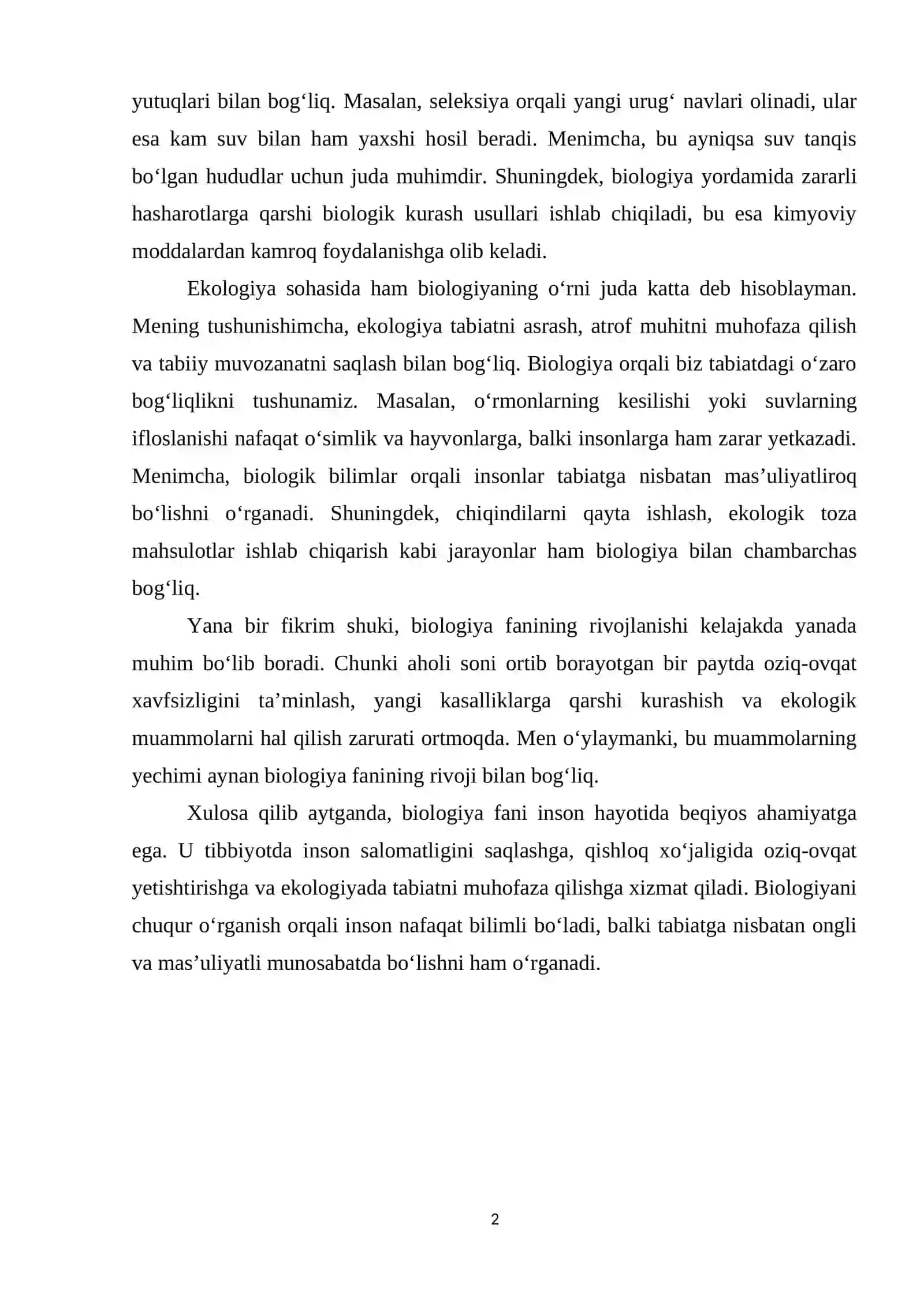 Biologiya fanining amaliy ahamiyati: tibbiyot, qishloq xo‘jaligi va ekologiyada qo‘llanilishi 2