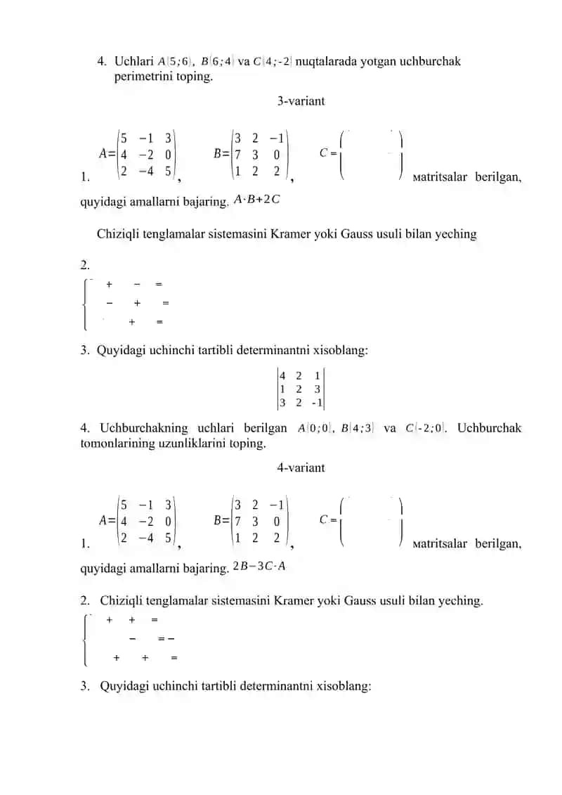 Oliy matematika fanidan oraliq nazorat ishi topshiriq variantlari 2