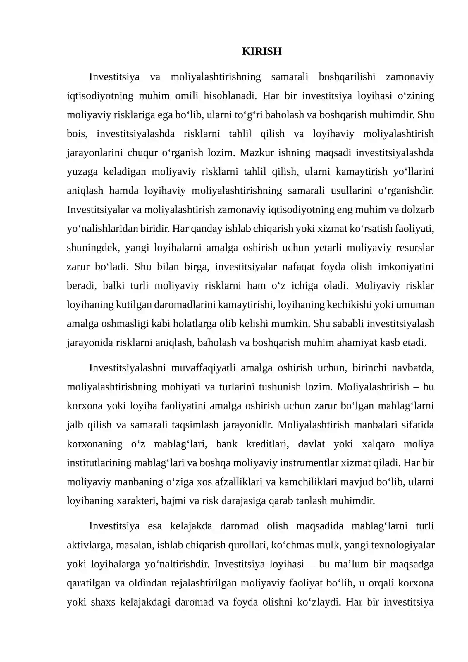 INVESTITSIYALASHDA MOLIYALASHTIRISH BILAN BOG‘LIQ RISKLAR VA INVESTITSIYALARNI LOYIHAVIY MOLIYALASHTIRISH 2