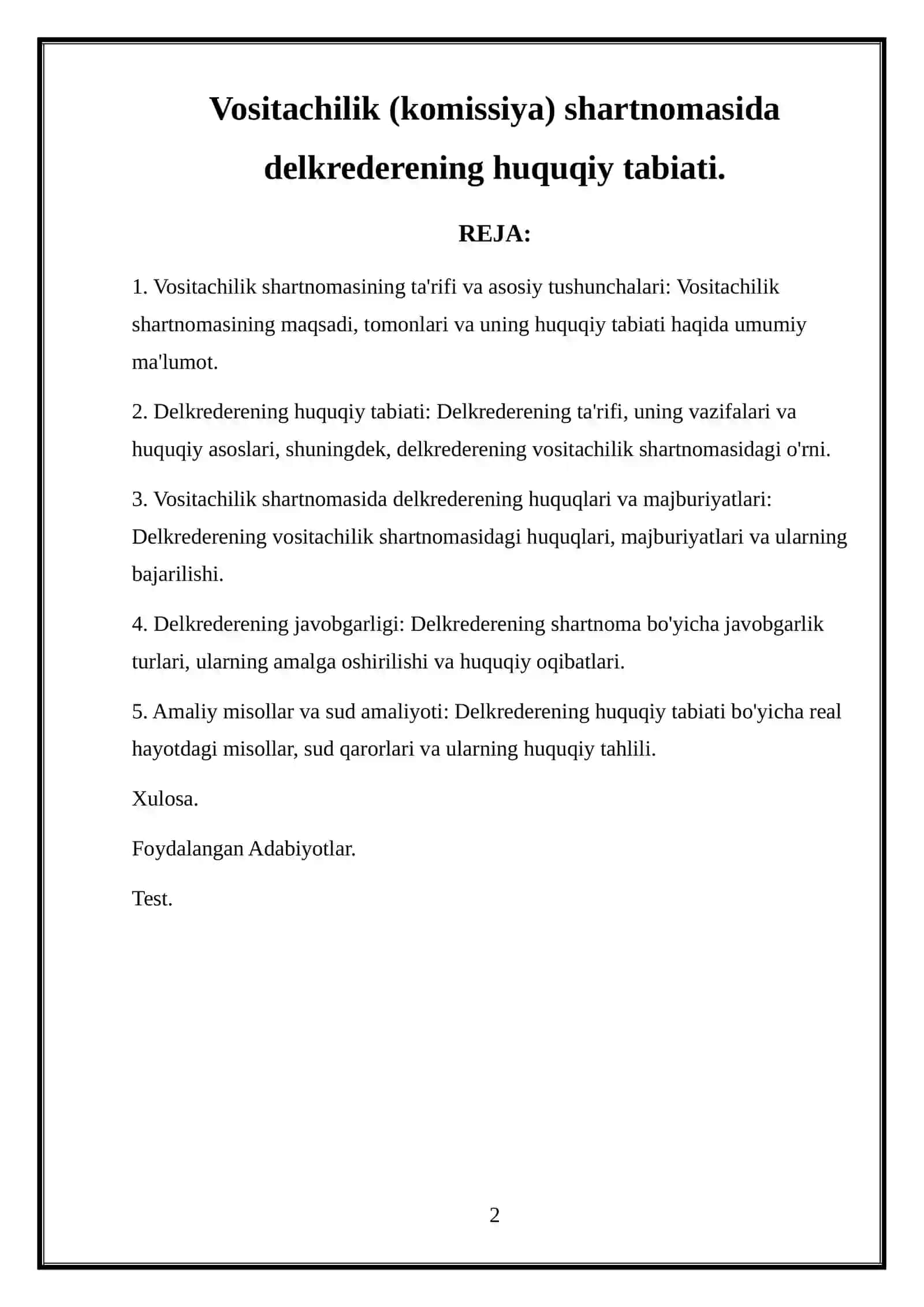 Vositachilik (komissiya) shartnomasida delkrederen 2