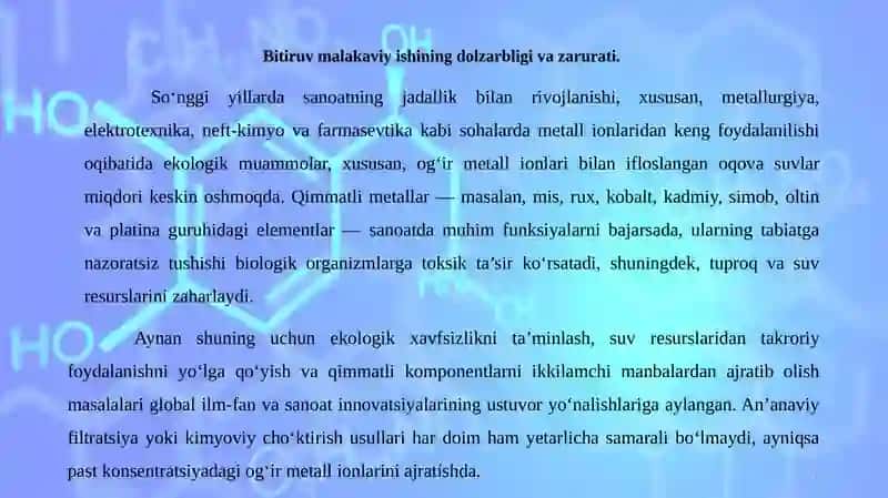 Tarkibida oltingugurt va azot bo`lgan sorbentlar  sintezi hamda ularning qo`llanilishi 2