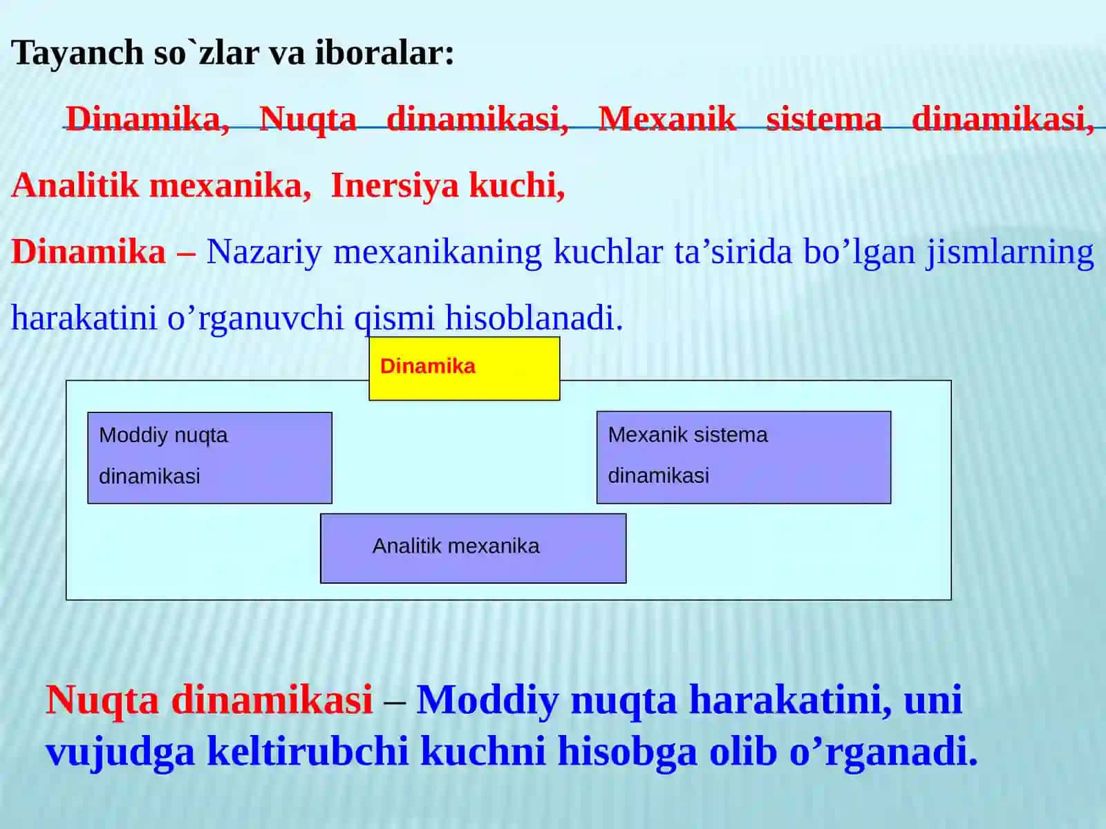 DINAMIKANING ASOSIY TUSHUNCHALARI, QONUNLARI, IKKI ASOSIY MASALASI VAMODDIY NUQTA HARAKATINING DIFFERENTSIAL TENGLAMALARI 2