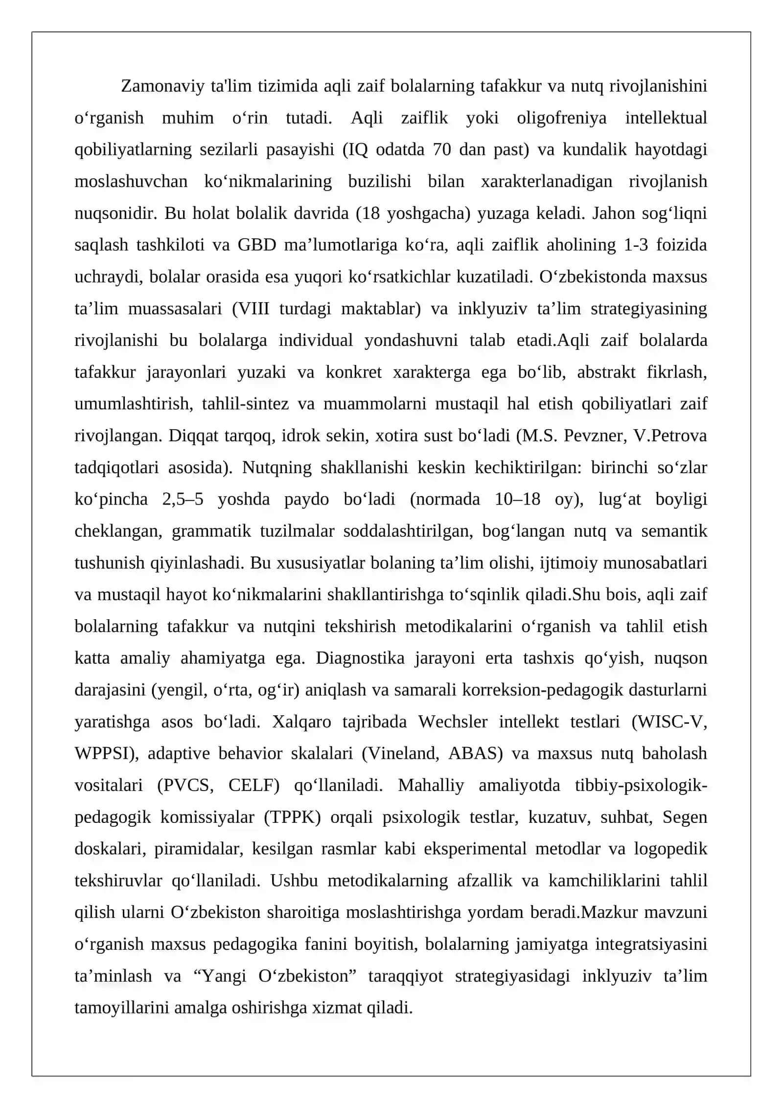 Aqli zaif bolalarning tafakkur va nutqini tekshirish metodikalarini o‘rganish va tahlil etish 2