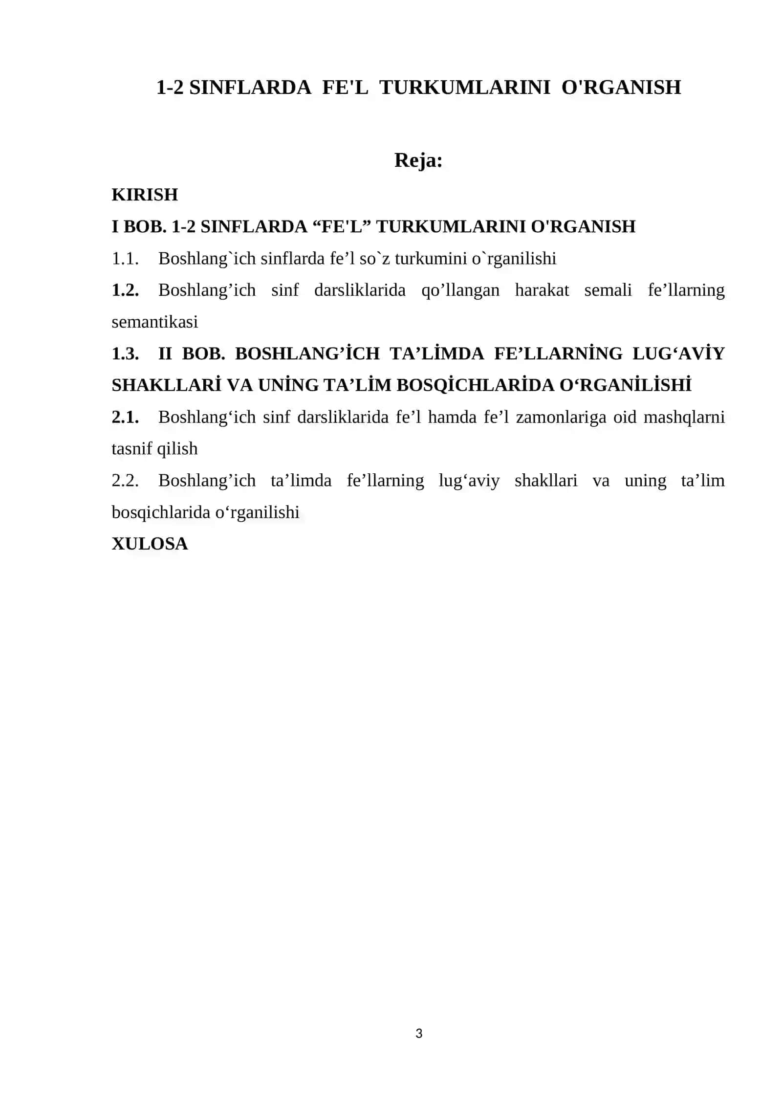 1-2 SINFLARDA  FE'L  TURKUMLARINI  O'RGANISH. KURS ISHI 2