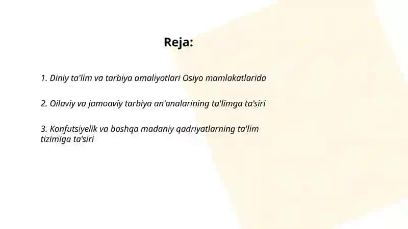Diniy ta'lim va tarbiya amaliyotlari Osiyo mamlakatlarida 2