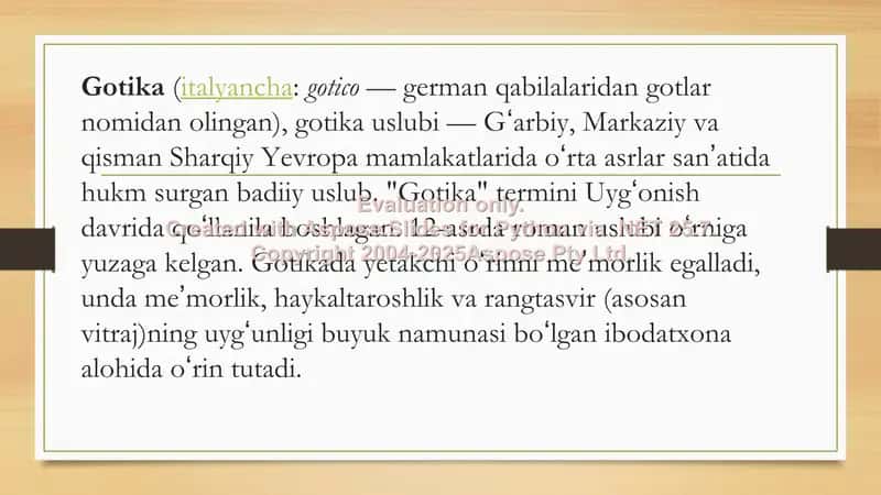 Gotika davri arxitekturasi, arxitekturaning g‘oyaviy jihatlari, tasviriy va amaliy san’atning o‘rni. 2