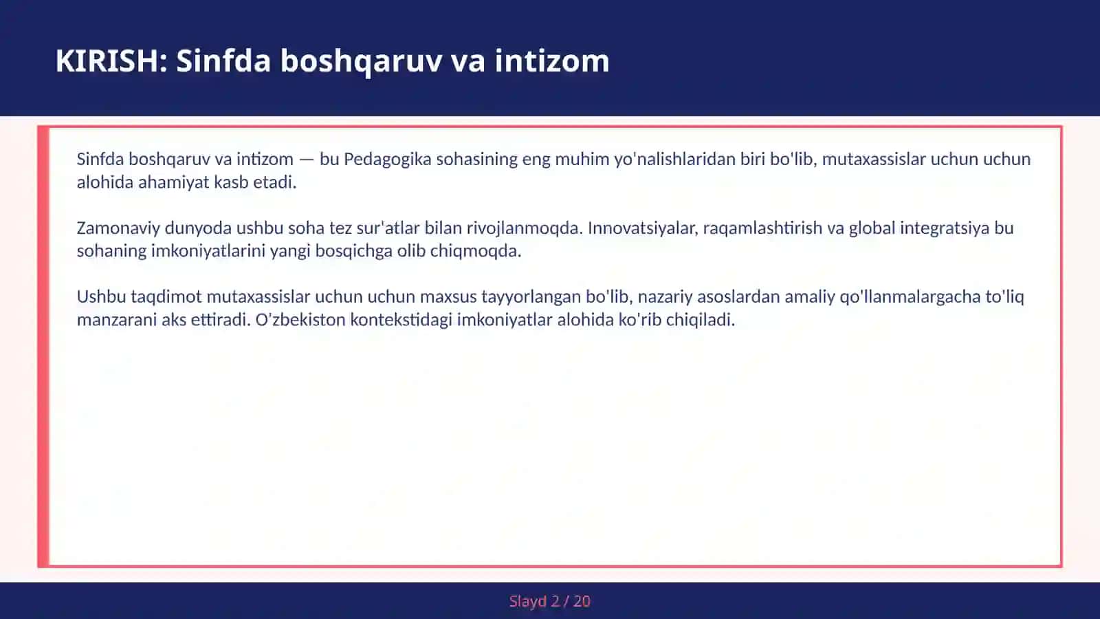 Sinfda boshqaruv va intizom 2