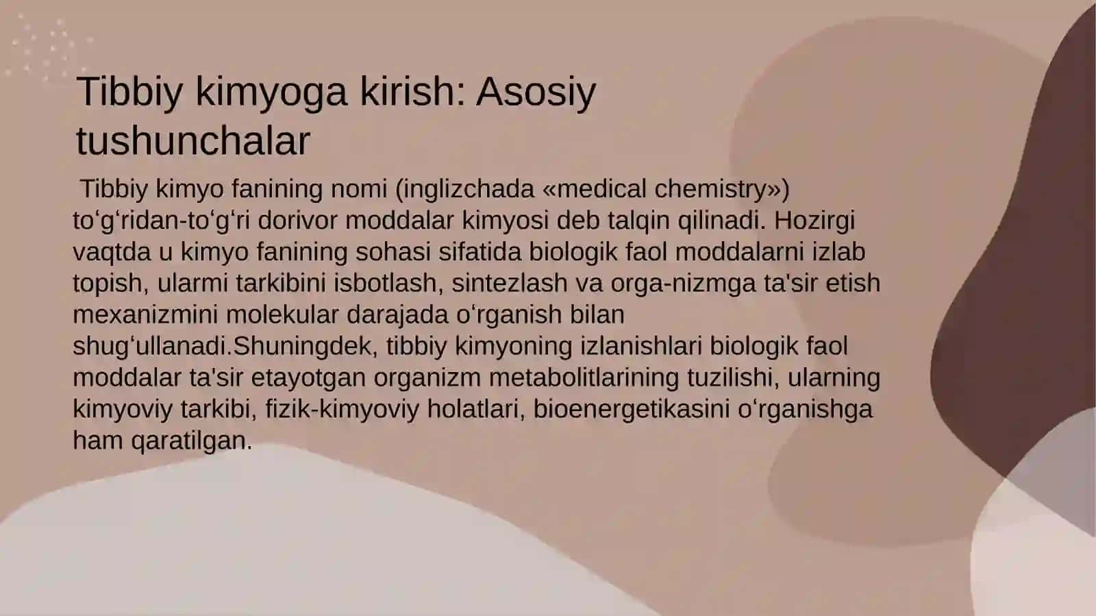 Tibbiy kimyoga kirish. Biogen elementlar kimyosi. s-p-, d-elementlarning fizikaviy va kimyoviy xossalari. 2