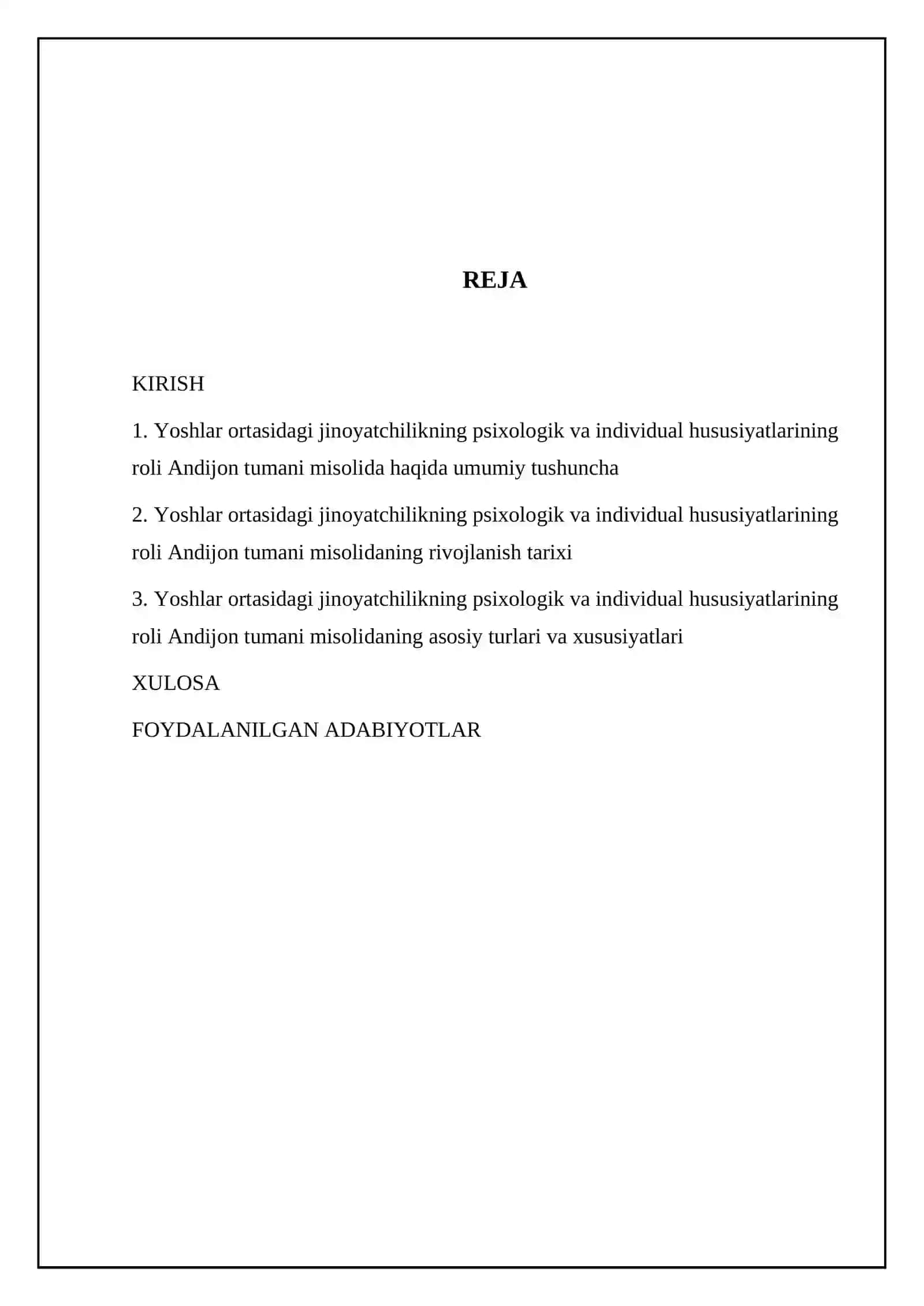 Yoshlar ortasidagi jinoyatchilikning psixologik va individual hususiyatlarining roli Andijon tumani misolida 2