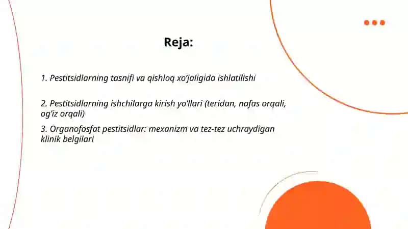 Ishlab chiqarishda va qishloq xo’jaligidagi kimyoviy zararli omillar (pestitsidlar), ularning ishchilar organizmiga ta’siri 2