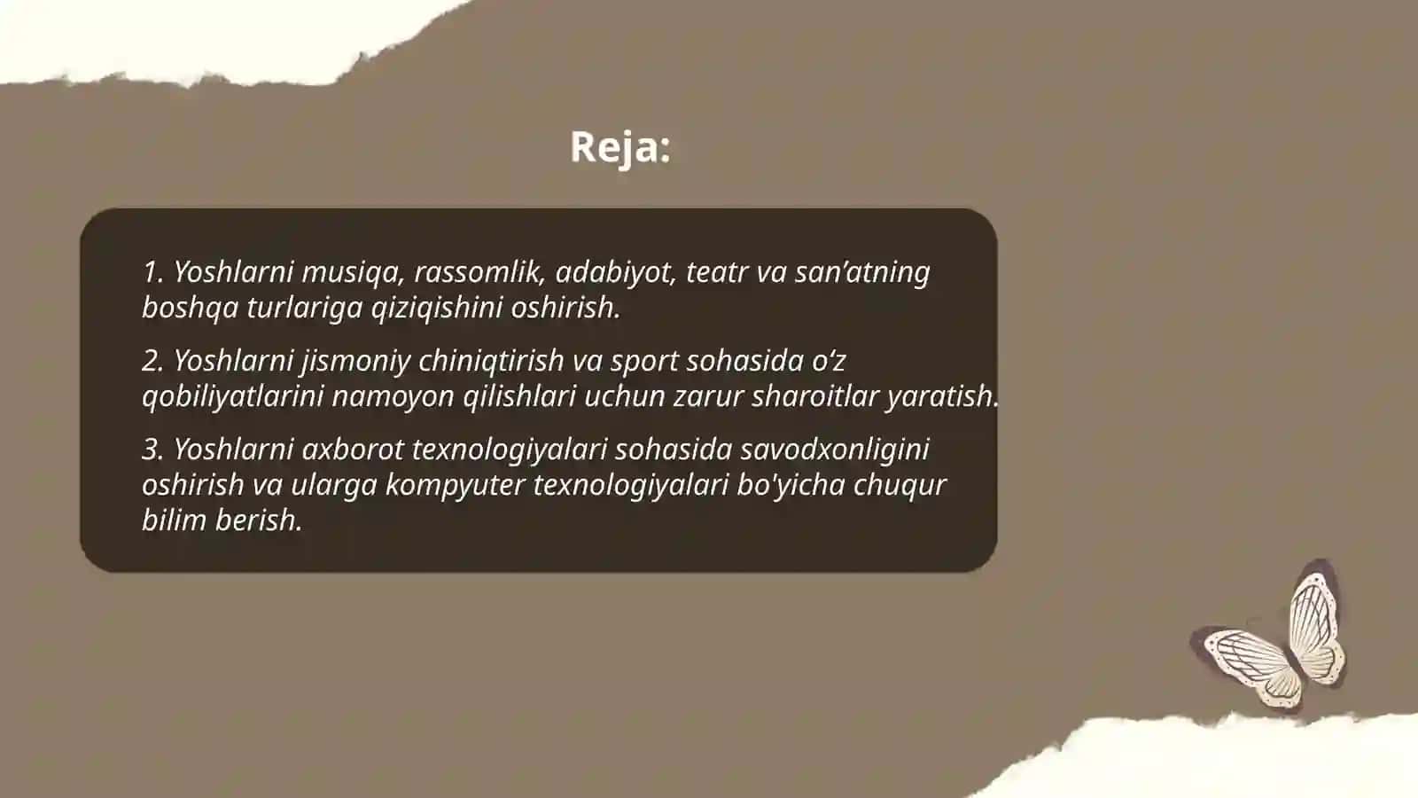 Yoshlarni musiqa, rassomlik, adabiyot, teatr va san’atning boshqa turlariga qiziqishini oshirish 2
