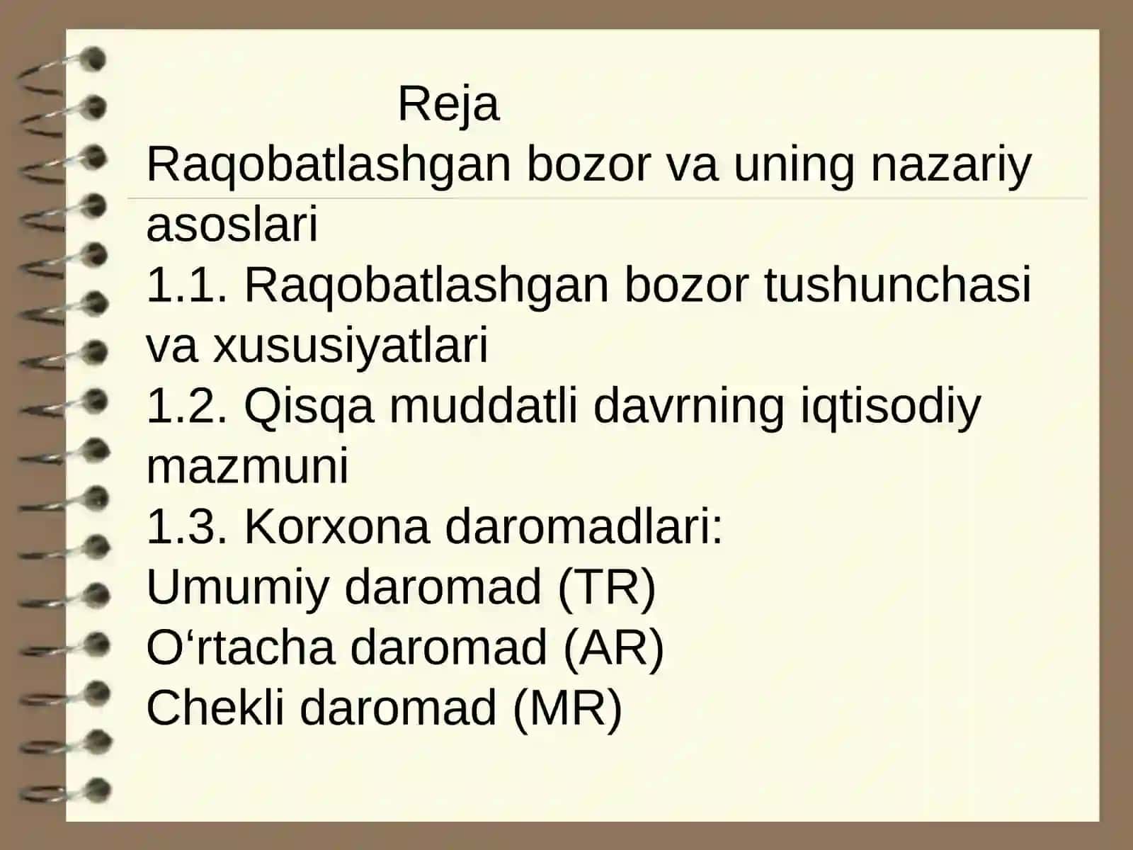 Raqobatlashgan bozorda qisqa mudatli oraliqda korxona foydasini mqksimallashtirish, korxona taklifi 2