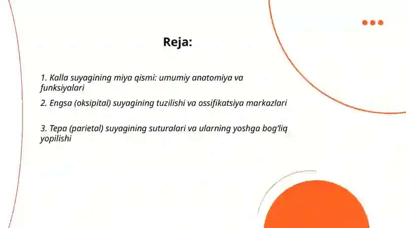 Kalla suyagi kalla suyaging miya qismi engsa, tepa, peshona va gʻalvirsimon suyaklar tuzilishi va yoshiga hos hususiyatlari. 2