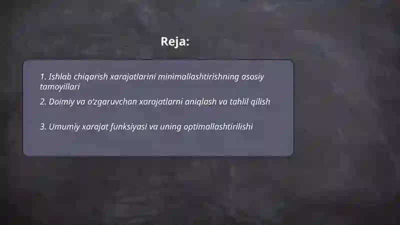 Ishlab chiqarish xarajatlarini minimallashtirish shartlari va korxonaning zararsiz ishlash nuqtasini hisoblash yo’llari 2