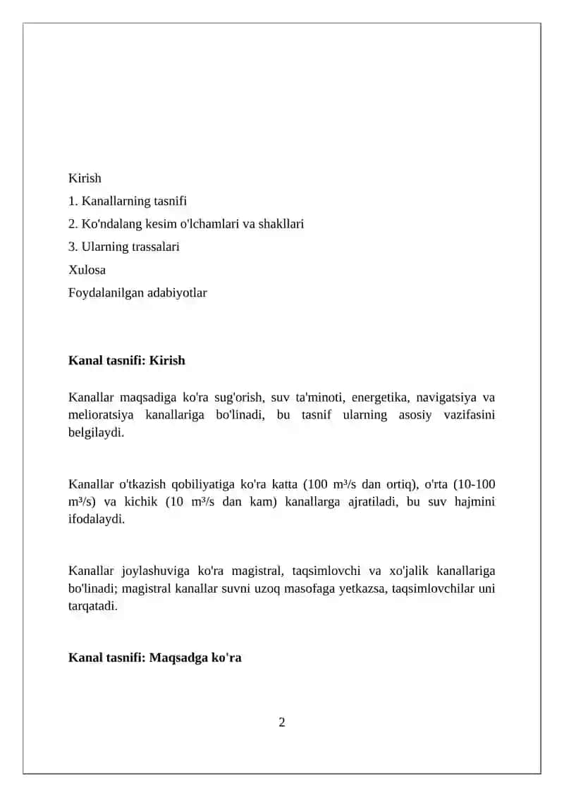 Kanallar.ularning turkumlanishi.koʼndalang kesim oʼlchamlari va shakllari.ularni trassalash 2