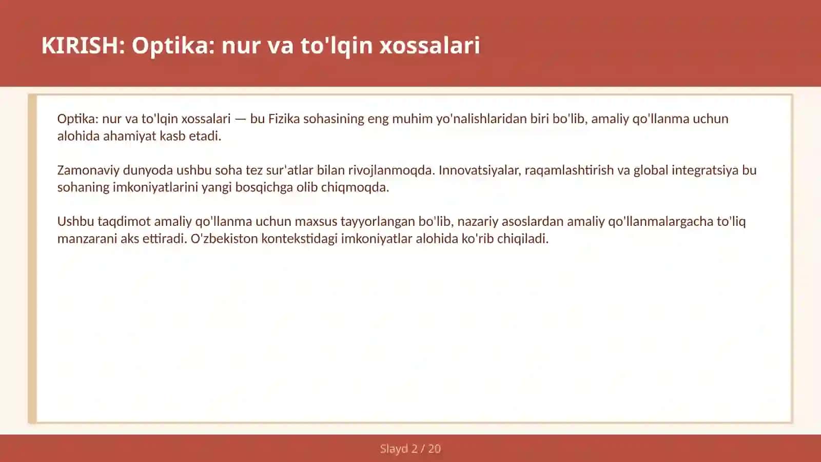 Optika: nur va to'lqin xossalari 2