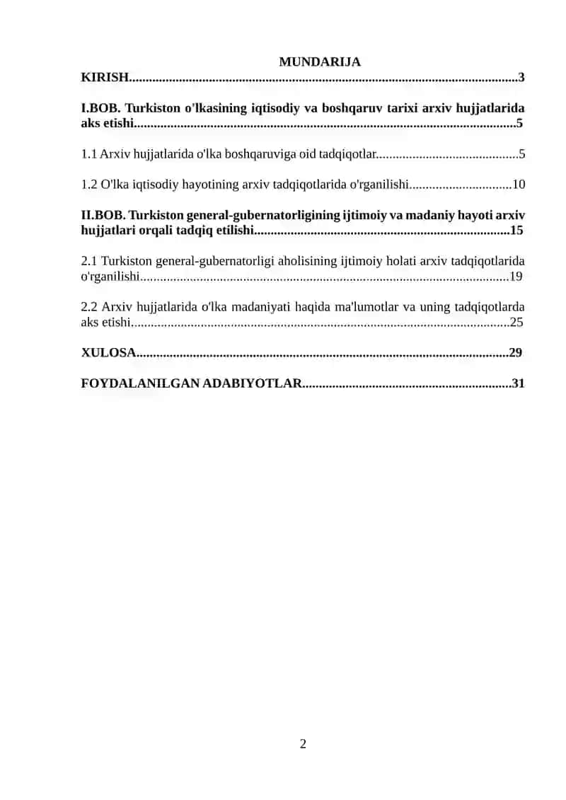 TURKISTON GENERAL-GUBERNATORLIGI TARIXI ARXIV HUJJATLARI TADQIQOTLARIDA O'RGANILISHI TARIXSHUNOSLIGI 2