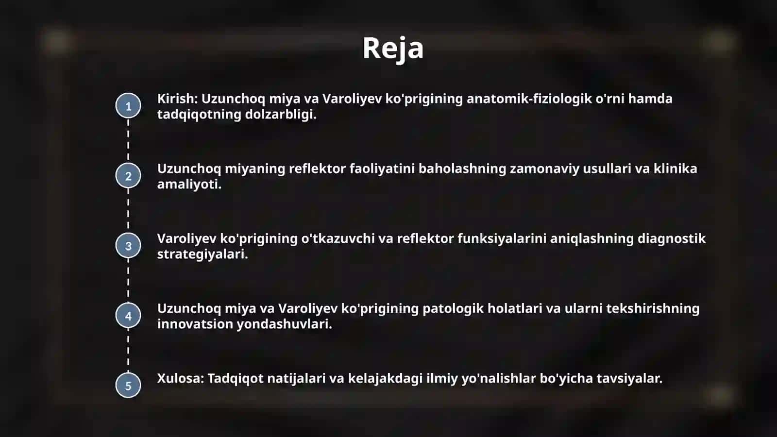 Orqa miyanng reflector va o`tkazuvchi faoliyatini tekshirish usullari. Uzunchoq miya va varoliyev ko`prigi. 2