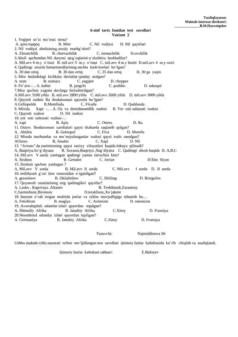 6-sinf tarix fanidan test savollari 2