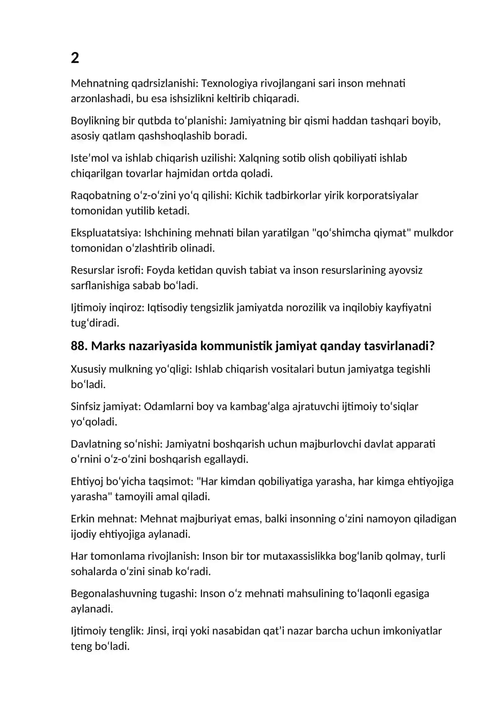 Marksizmga "begonalashuv" tushunchasi mehnat jarayonidagi qaysi real holatlarga mos keladi? 2