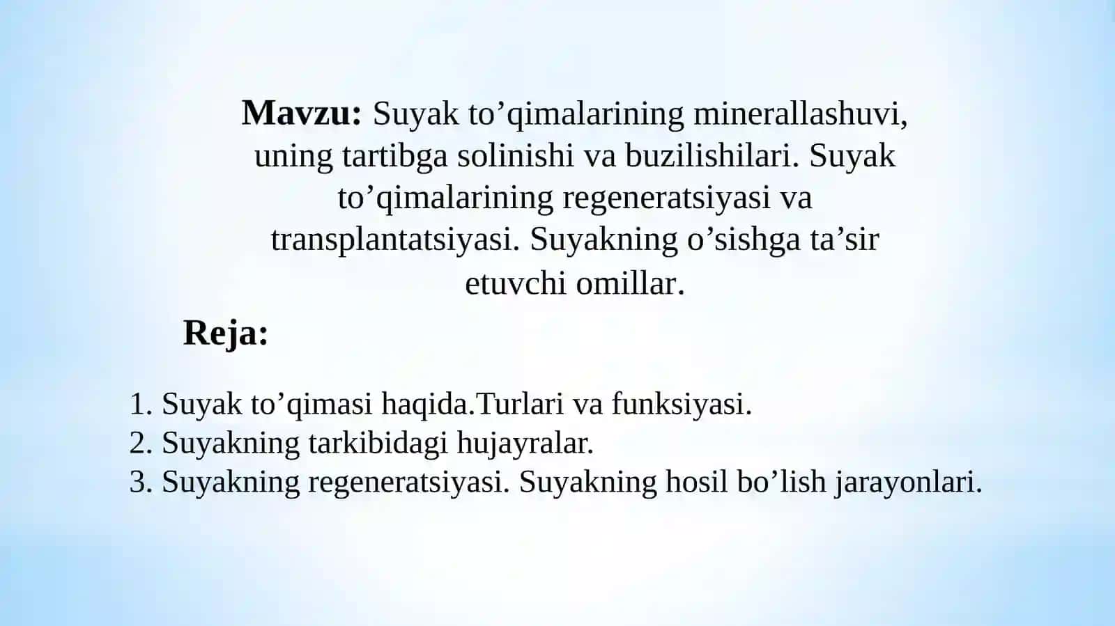 Suyak to’qimalarining minerallashuvi, uning tartibga solinishi va buzilishilari. Suyak to’qimalarining regeneratsiyasi va transplantatsiyasi. Suyakning o’sishga ta’sir etuvchi omillar 2