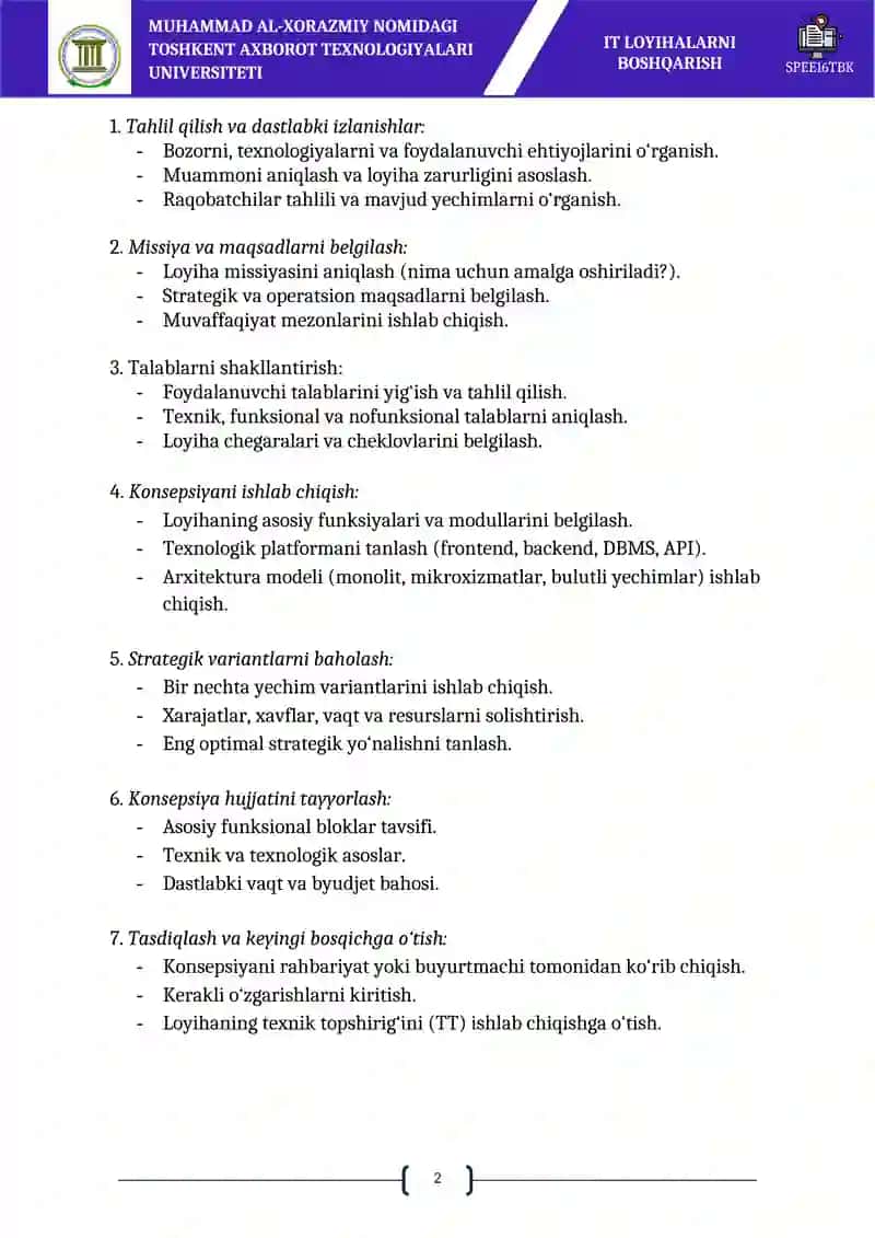 LOYIHANI BOSHQARISH KONSEPSIYASINI ISHLAB CHIQISH 2