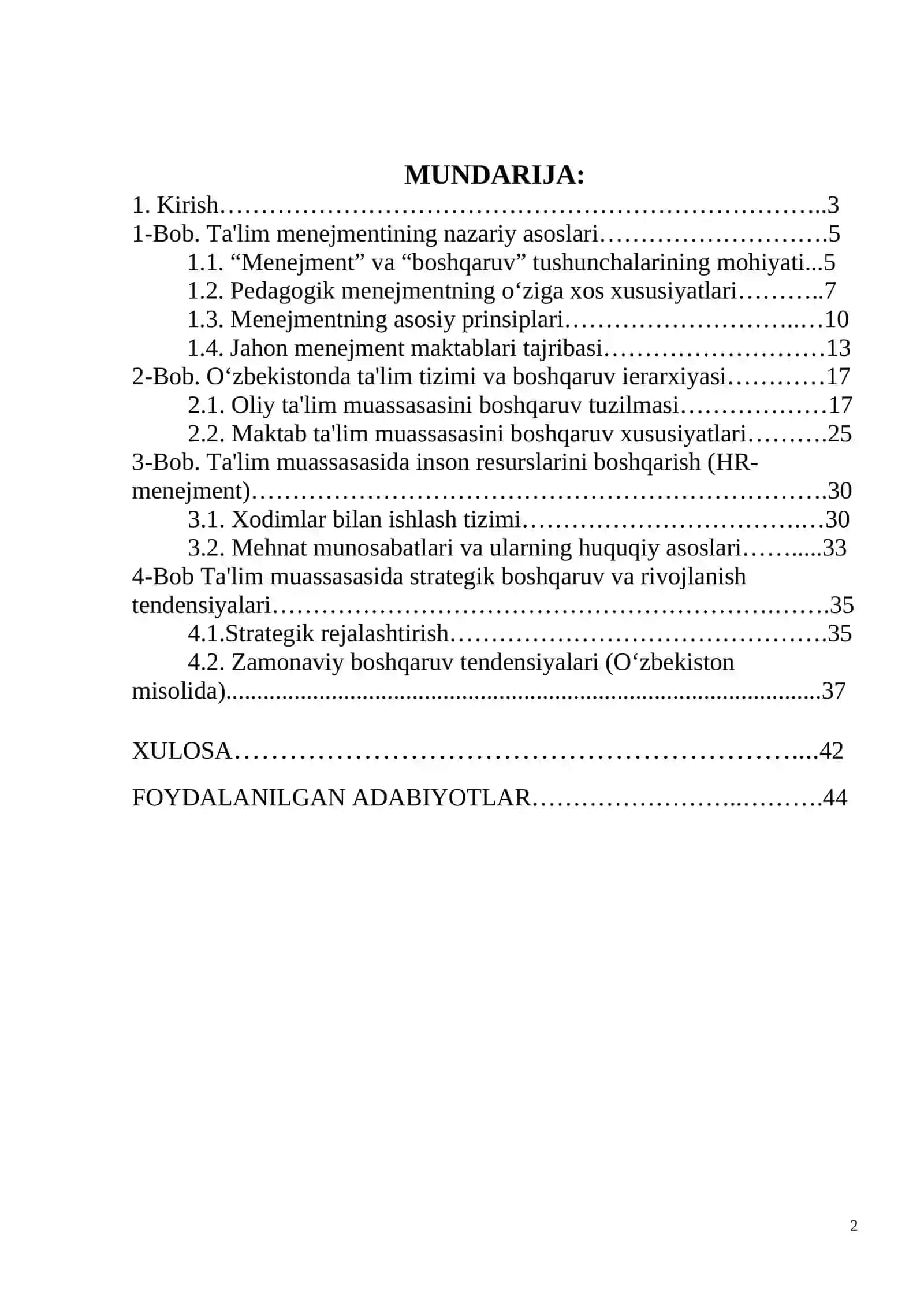 Ta'lim muassasasi menejmenti Kurs ishi 2