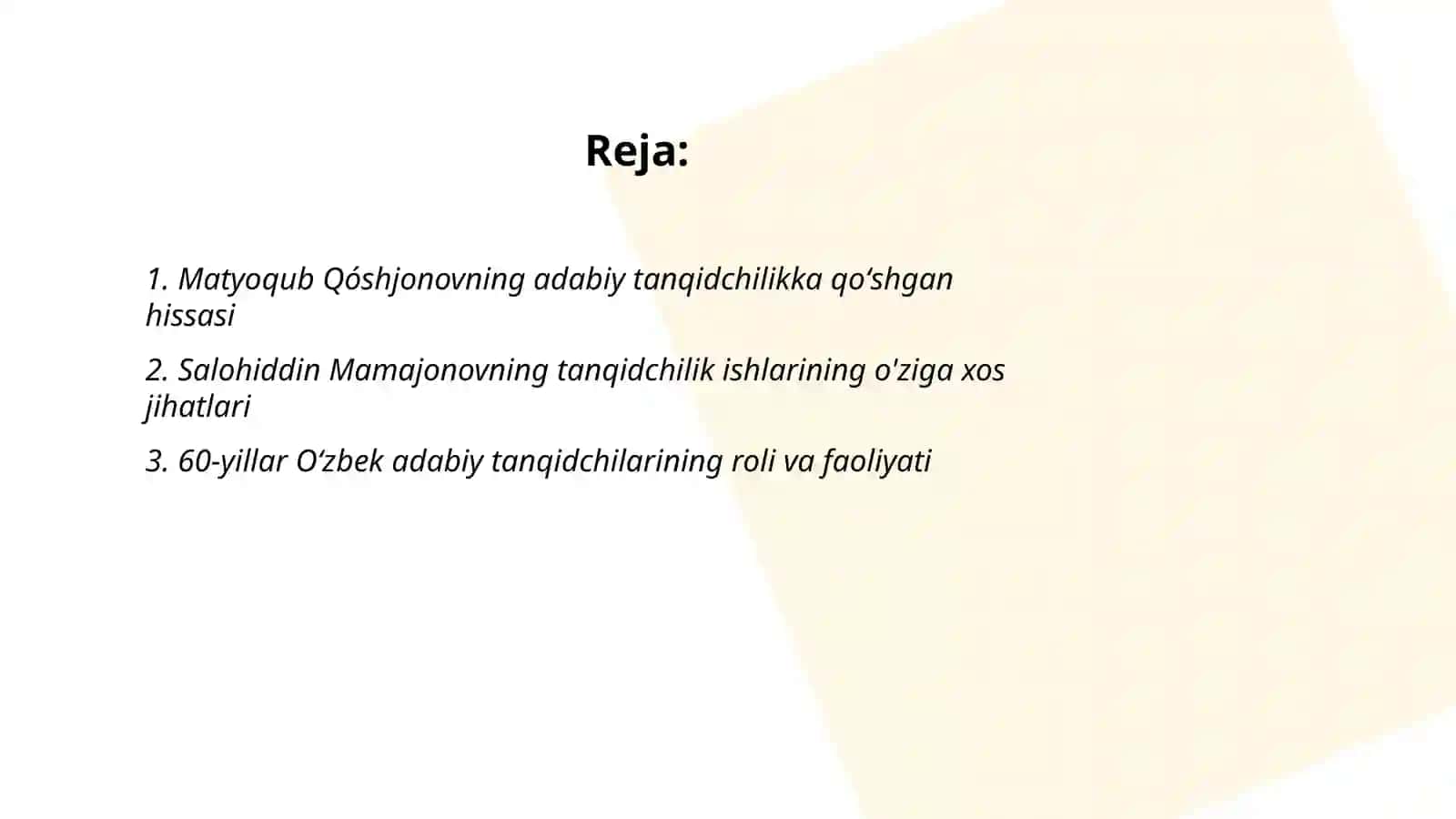 60-90-yillar oʻzbek adabiy tanqidchiligi.Matyoqub Qóshjonov va Salohiddin Mamajonovlarning tanqidchilik faoliyati 2