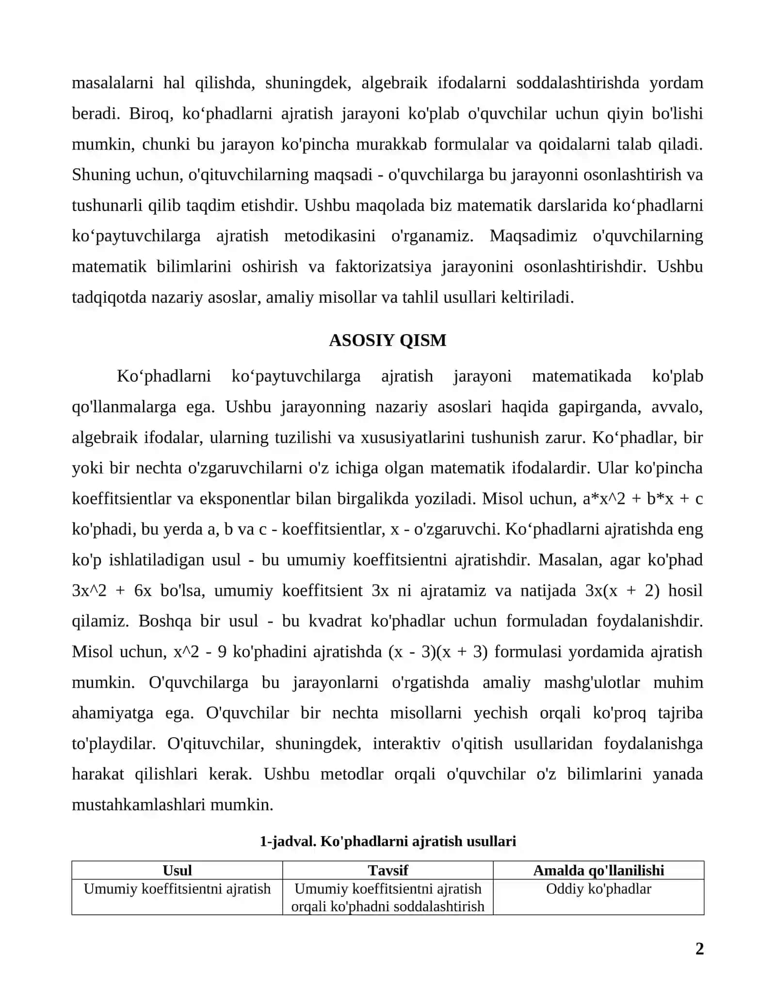 Matematika darslarida koʻphadlarni koʻpaytuvchilarga ajratish metodikasi 2
