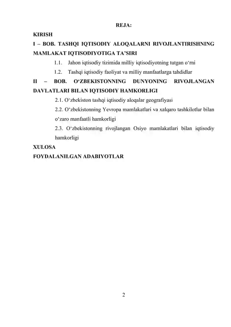"O‘zbekistonning dunyoning rivojlangan davlatlari bilan iqtisodiy hamkorligi" 2