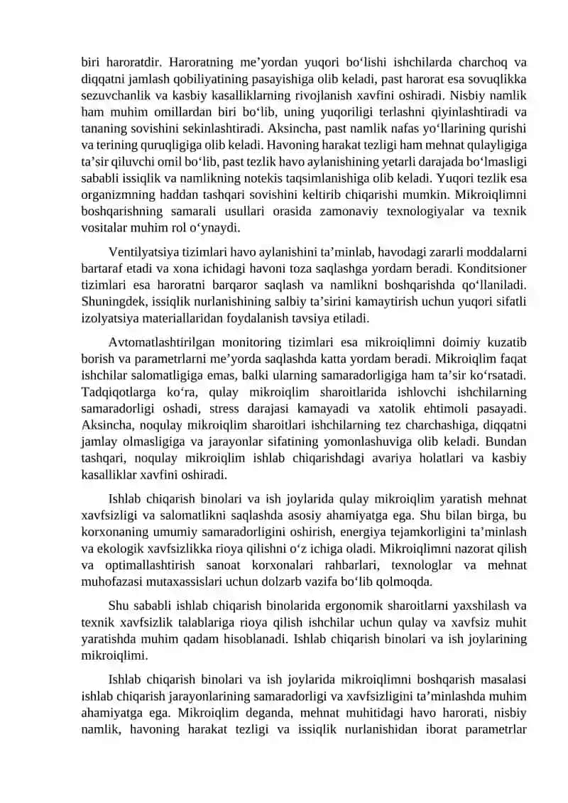 Ishlab chiqarishda Mikro iqlim sharoitlari ahamiyati 2