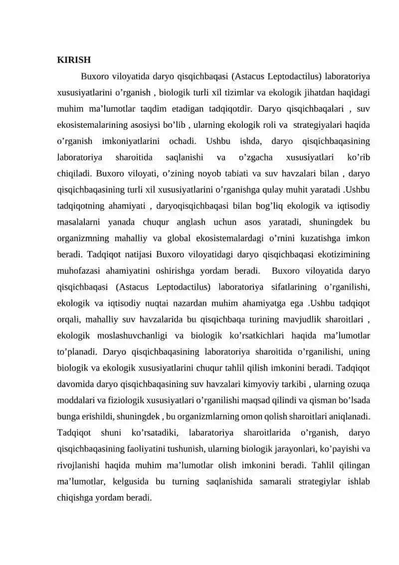 BUXORO VILOYATIDA DARYO QISQICHBAQASI (ASTACUS LEPTODACTILUS) LABORATORIYA XUSUSIYATLARI 2
